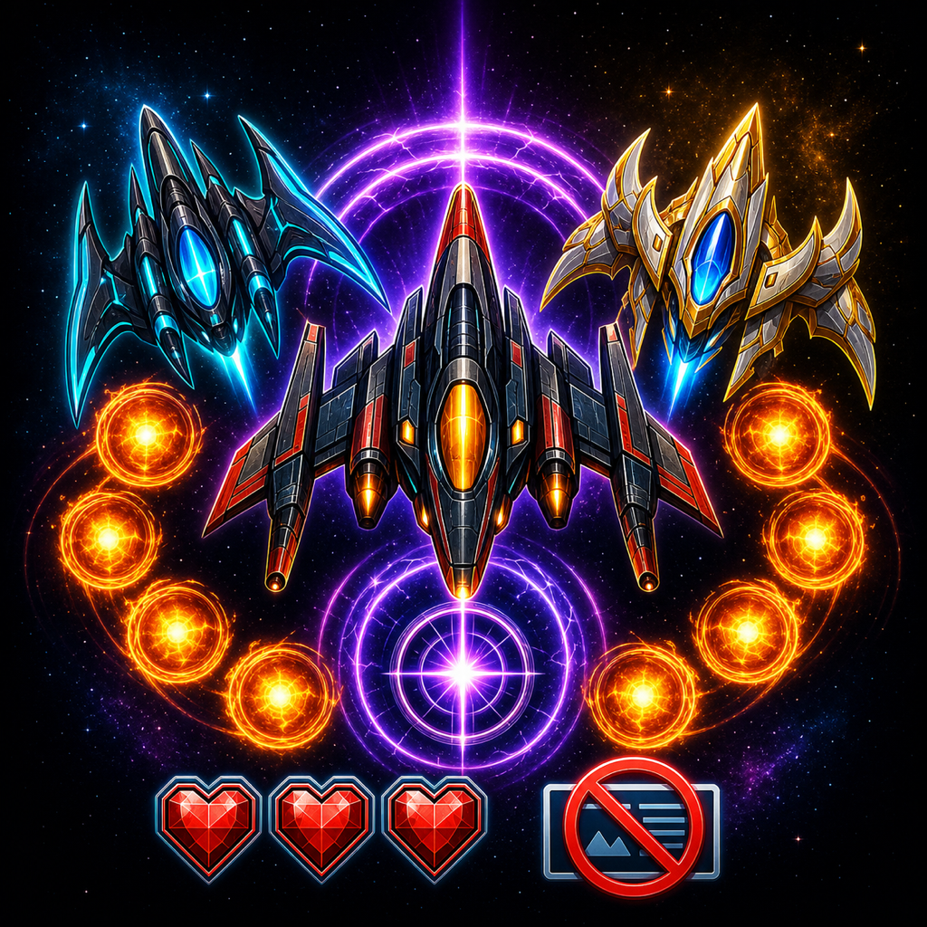 RetroBlasters Support Pack artwork with spaceships, fireballs, lives, and no ads symbol
